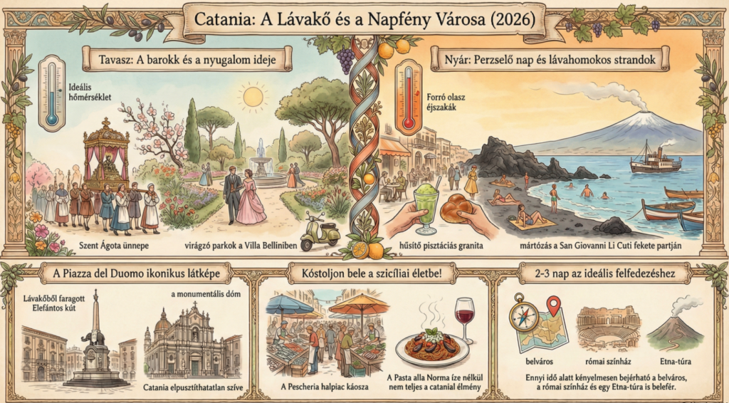 Catania legszebb látnivalói és 1 napos városnéző útvonal – letölthető infografika, a weboldalon fontosabb nevezetességekkel és helyi tippekkel